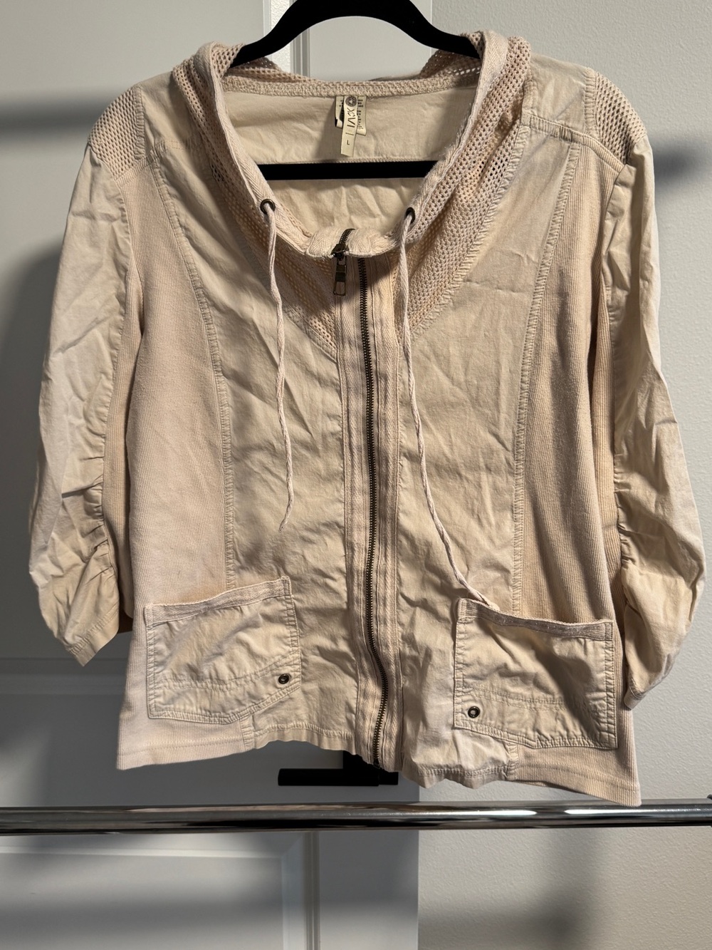 XCVI Fjord Mesh Zip Jacket Size Large Beige Cream Lightweight Cotton 3/4 sleeve